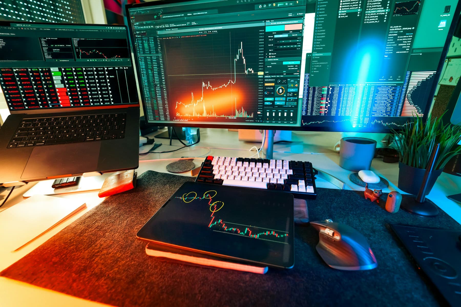 Trader desk setup with illuminated chart displays